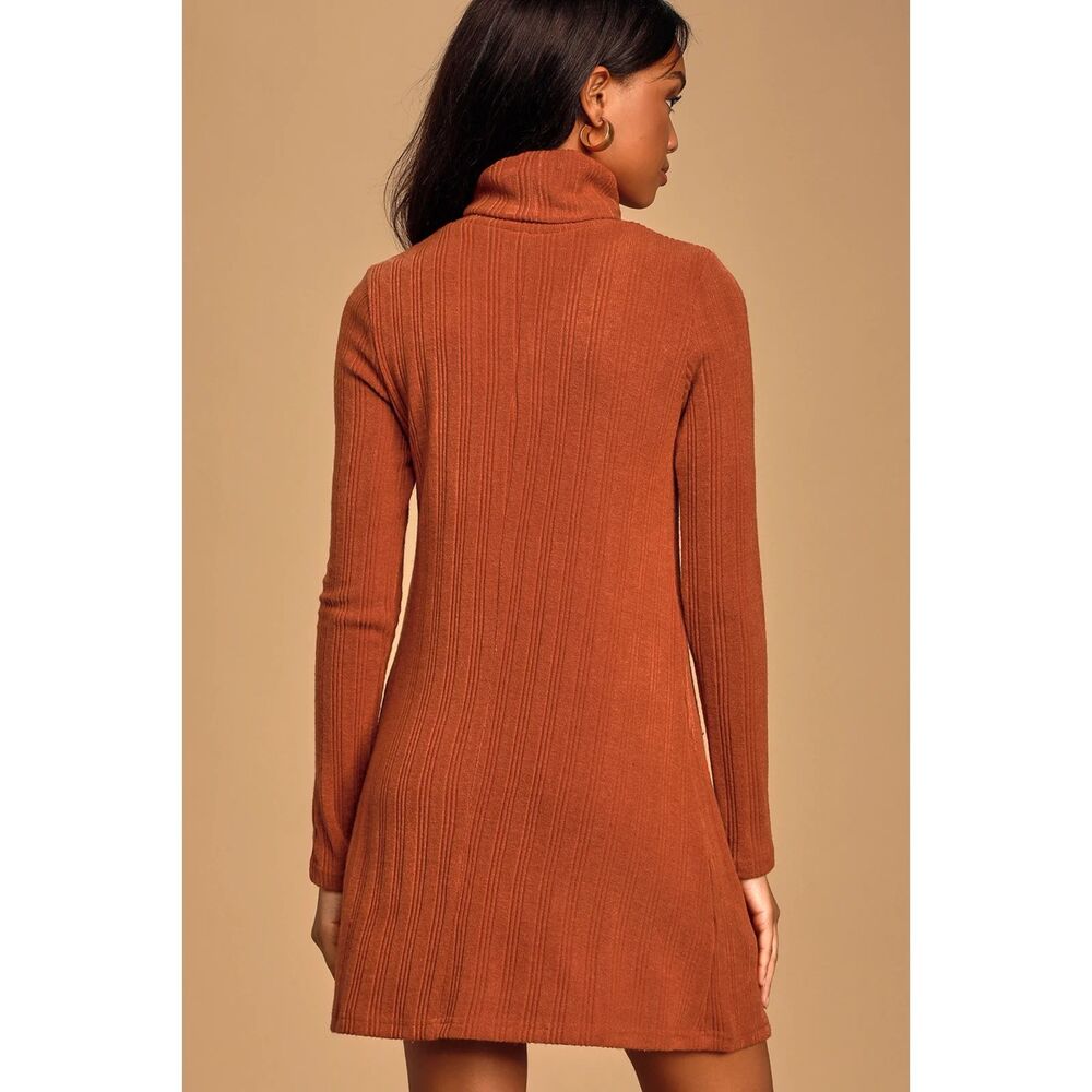 Lulus Rust Ribbed Knit Sweater Dress | Turtleneck Long Sleeve Mini Dress - Picture 2 of 5